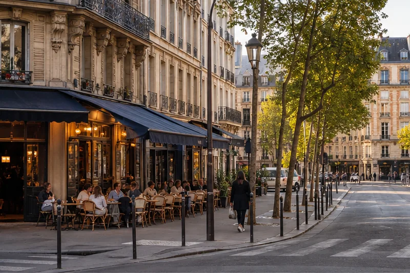 Café-lined street in Saint-Germain and the Latin Quarter, Paris