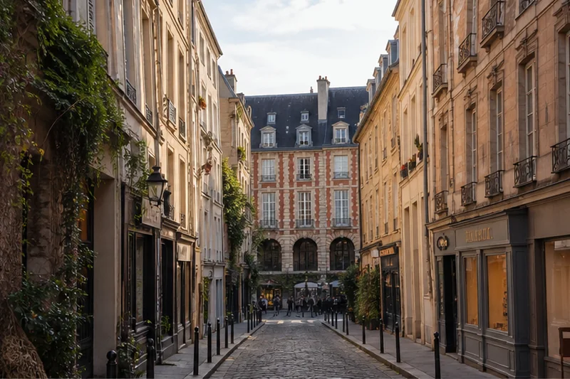 Historic street and warm façades in Le Marais, Paris