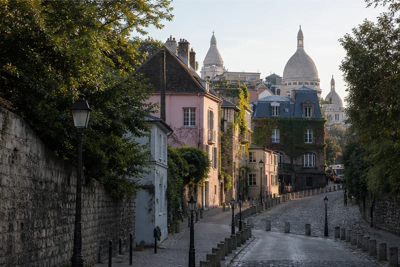 Cobbled Montmartre street with Sacré-Cœur in the distance