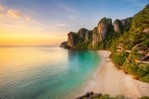 Phuket tropical bay with clear Andaman water, limestone headland and long-tail boat