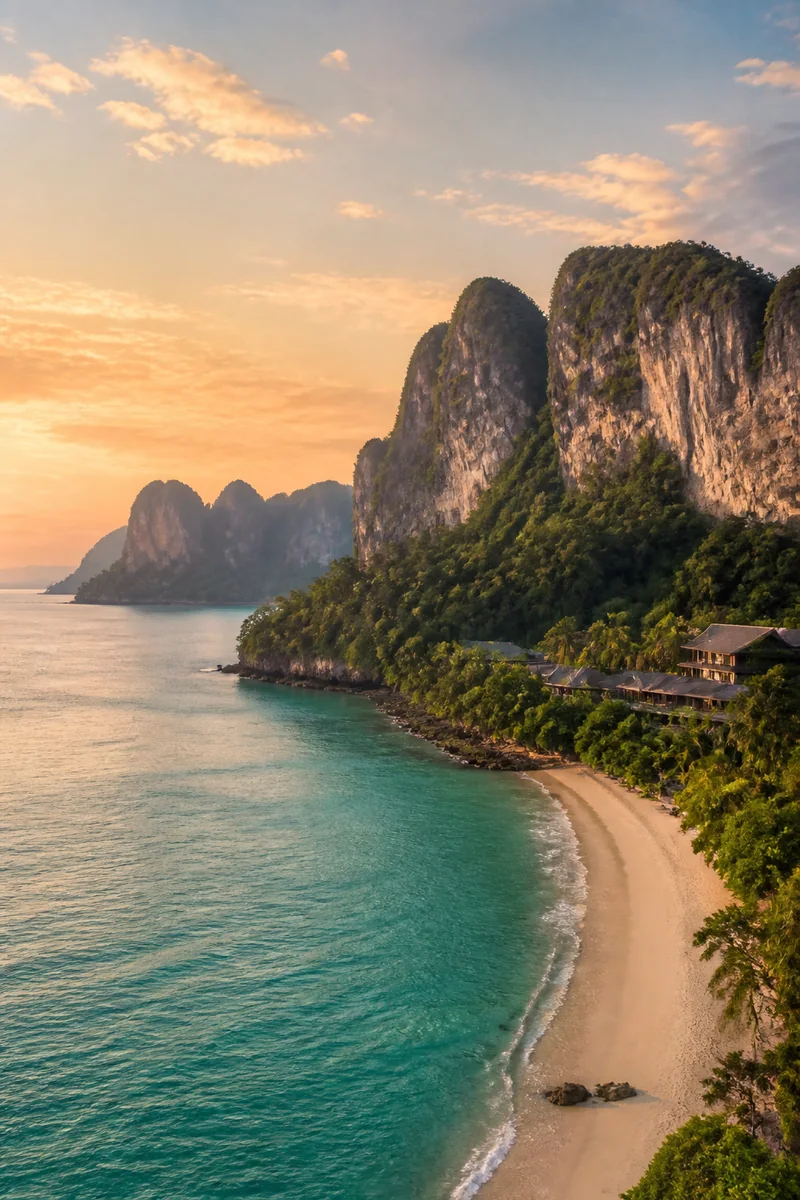 Phuket tropical bay with clear Andaman water, limestone headland and long-tail boat