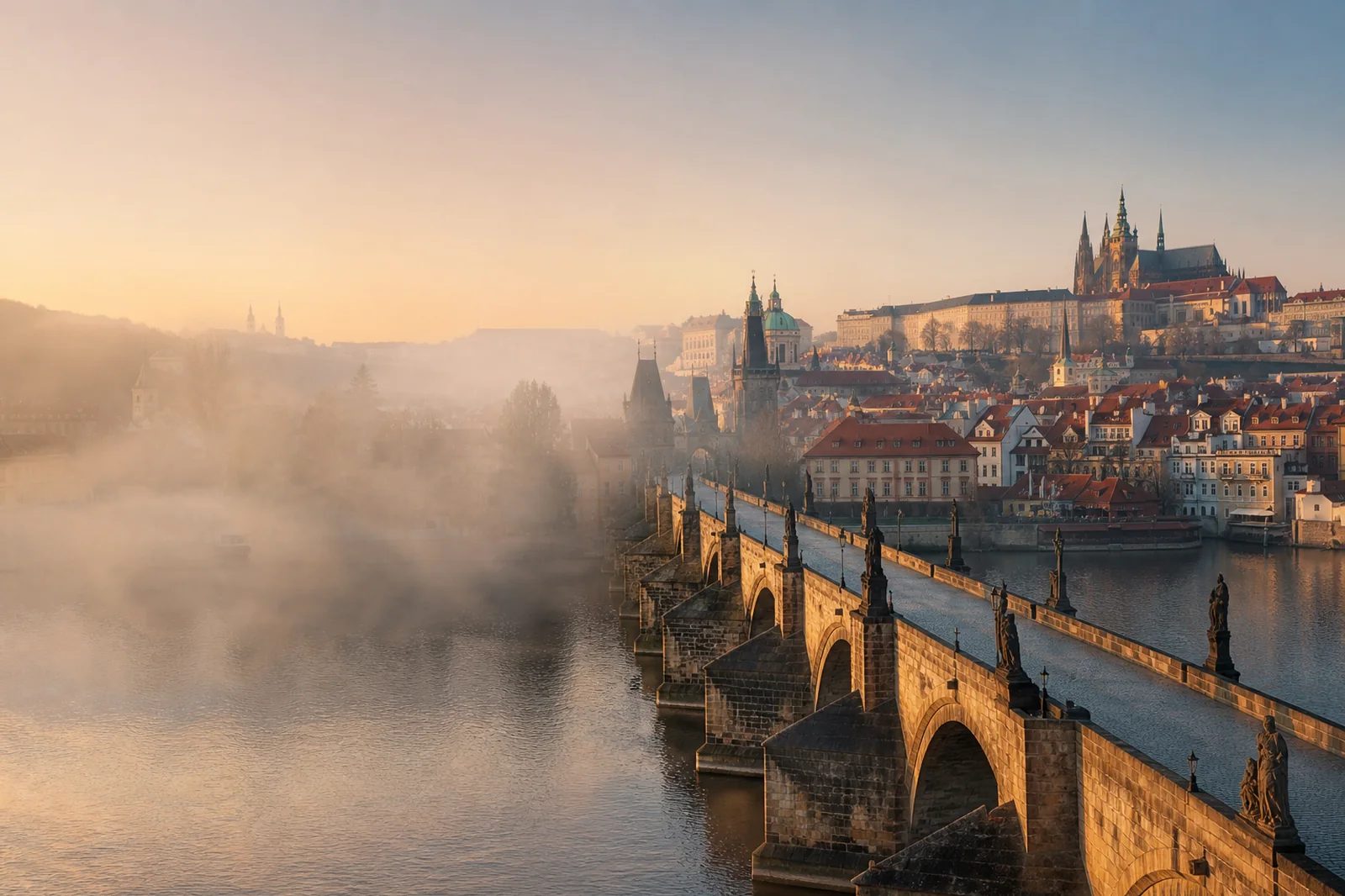 Prague Old Town rooftops, church spires and Charles Bridge in soft morning light