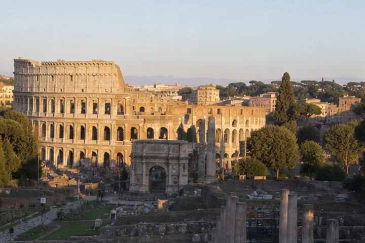 Colosseum and Roman Forum in warm morning light