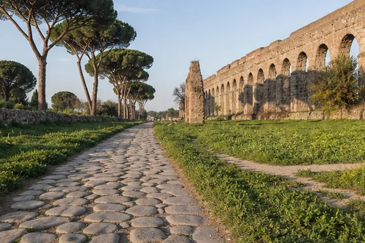 Ancient Appian Way and Roman aqueducts outside central Rome