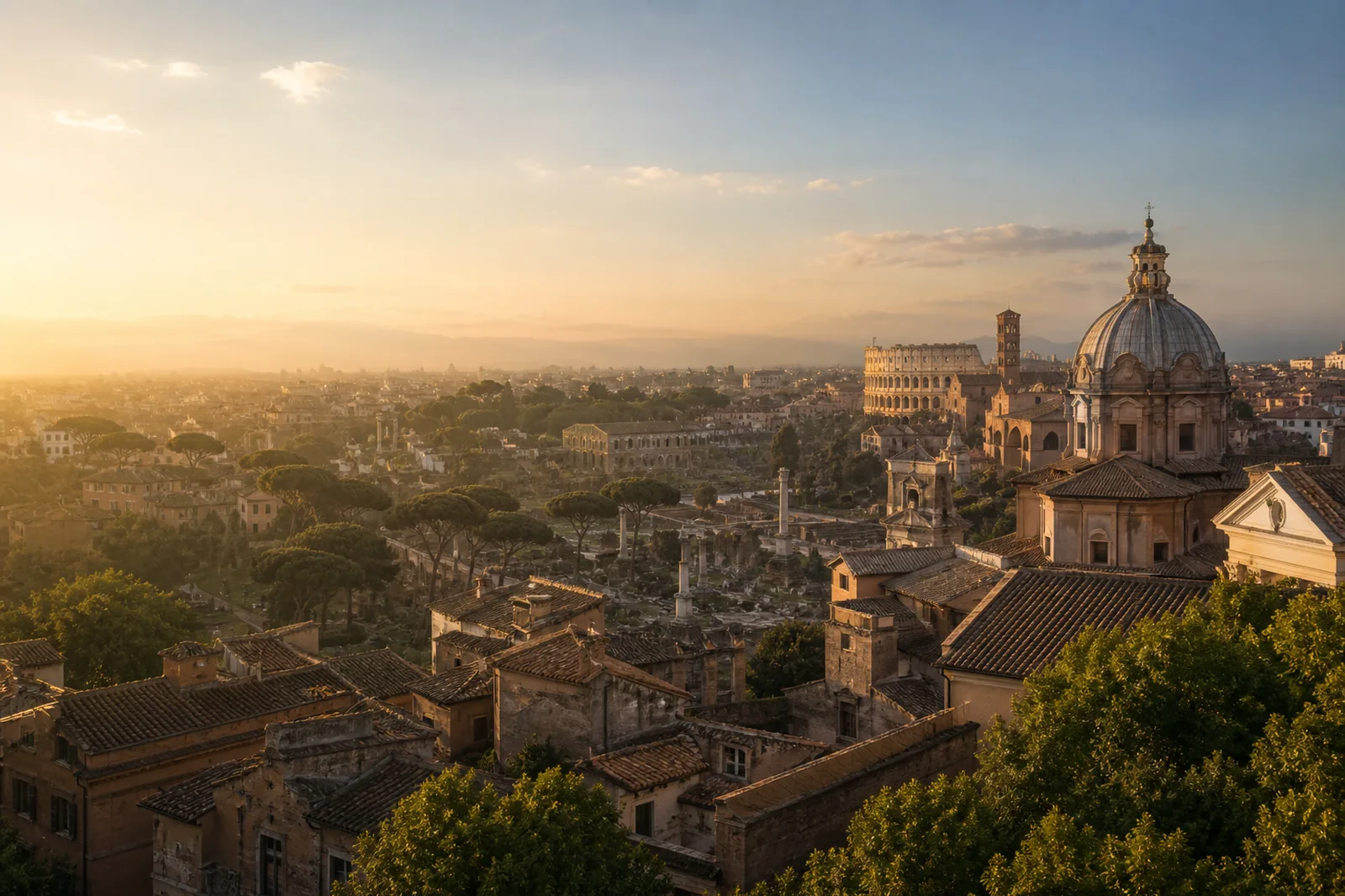 Rome skyline with terracotta rooftops and historic landmarks at golden hour