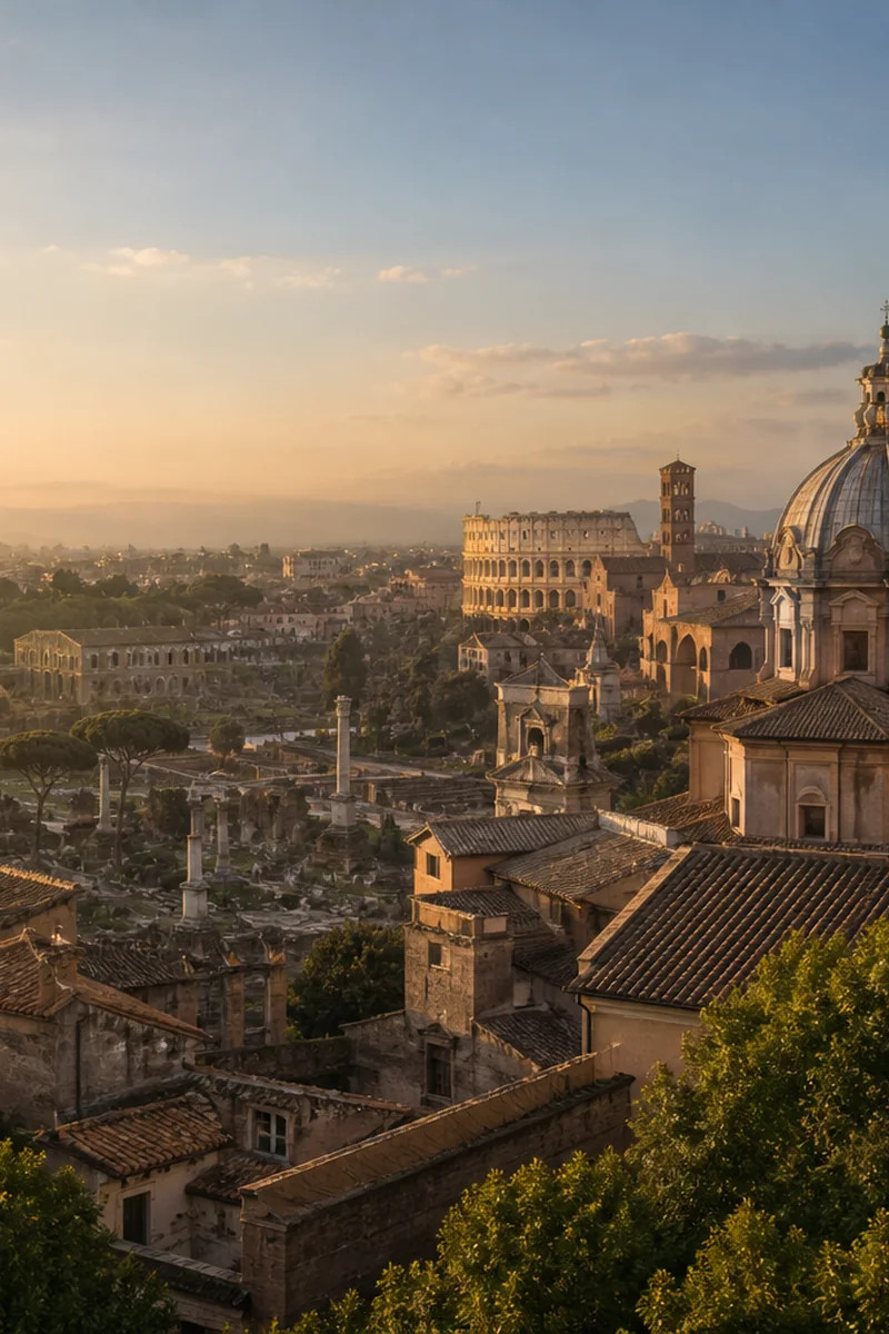 Rome skyline with terracotta rooftops and historic landmarks at golden hour