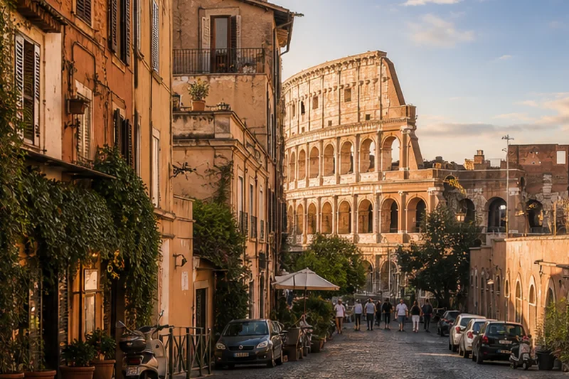 Cobbled Monti street with the Colosseum beyond