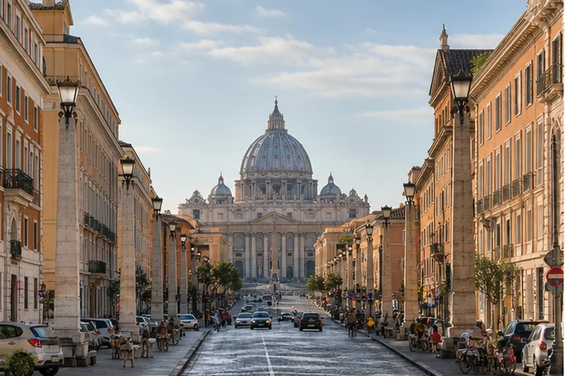Elegant Prati street with St Peter’s dome in the distance