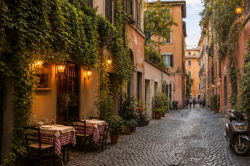 Ivy-lined street and warm evening atmosphere in Trastevere
