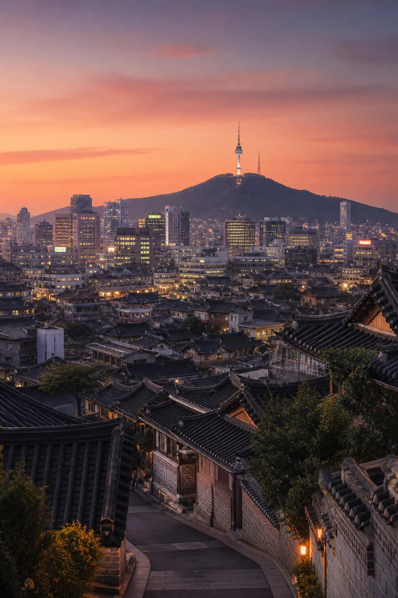 Seoul skyline with traditional palace roof and modern towers at sunset
