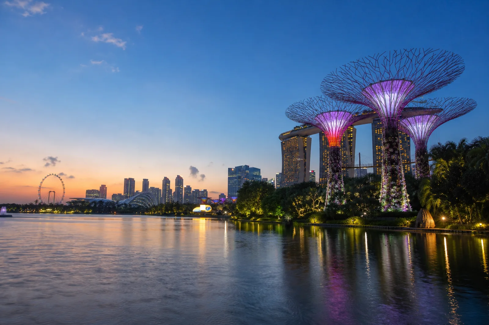 Singapore skyline with Marina Bay and Gardens by the Bay at blue hour