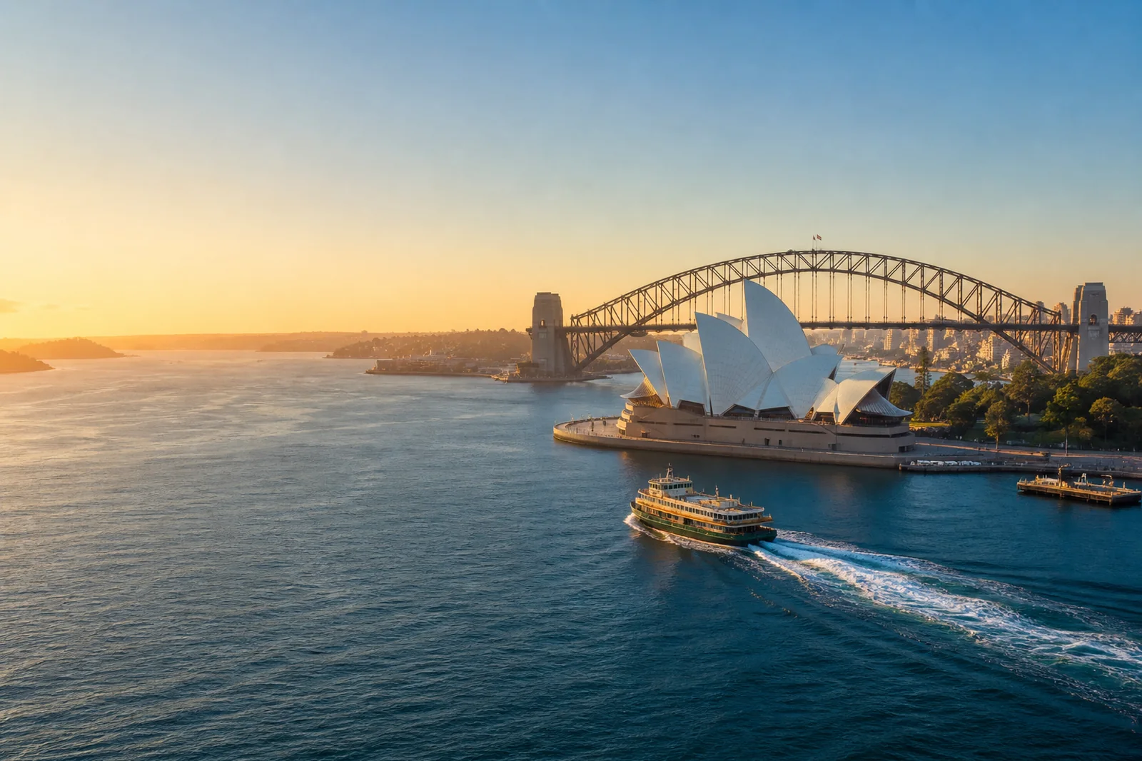 Sydney Harbour with the Opera House and Harbour Bridge at golden hour