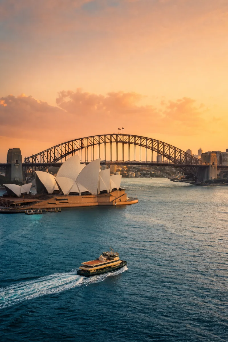Sydney Harbour with the Opera House and Harbour Bridge at golden hour