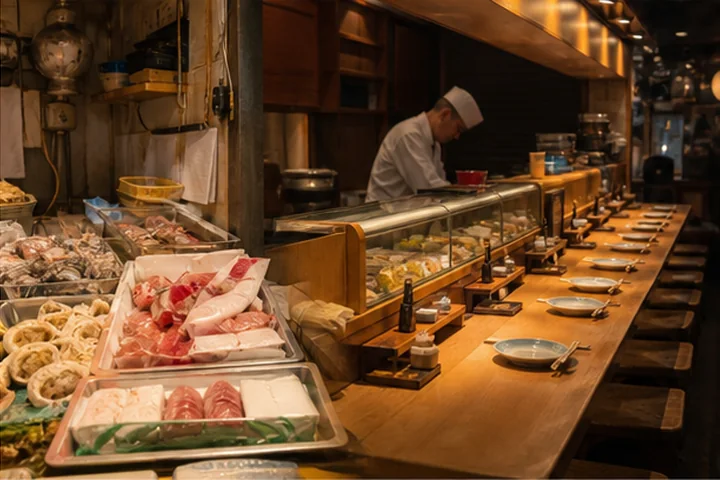 Intimate Japanese dining counter and market details in Tokyo