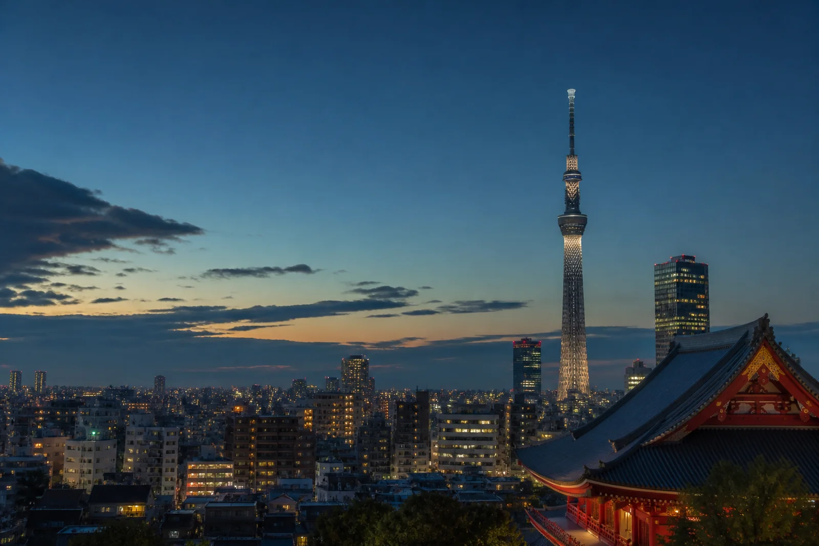 Tokyo skyline with modern towers and traditional city details at blue hour