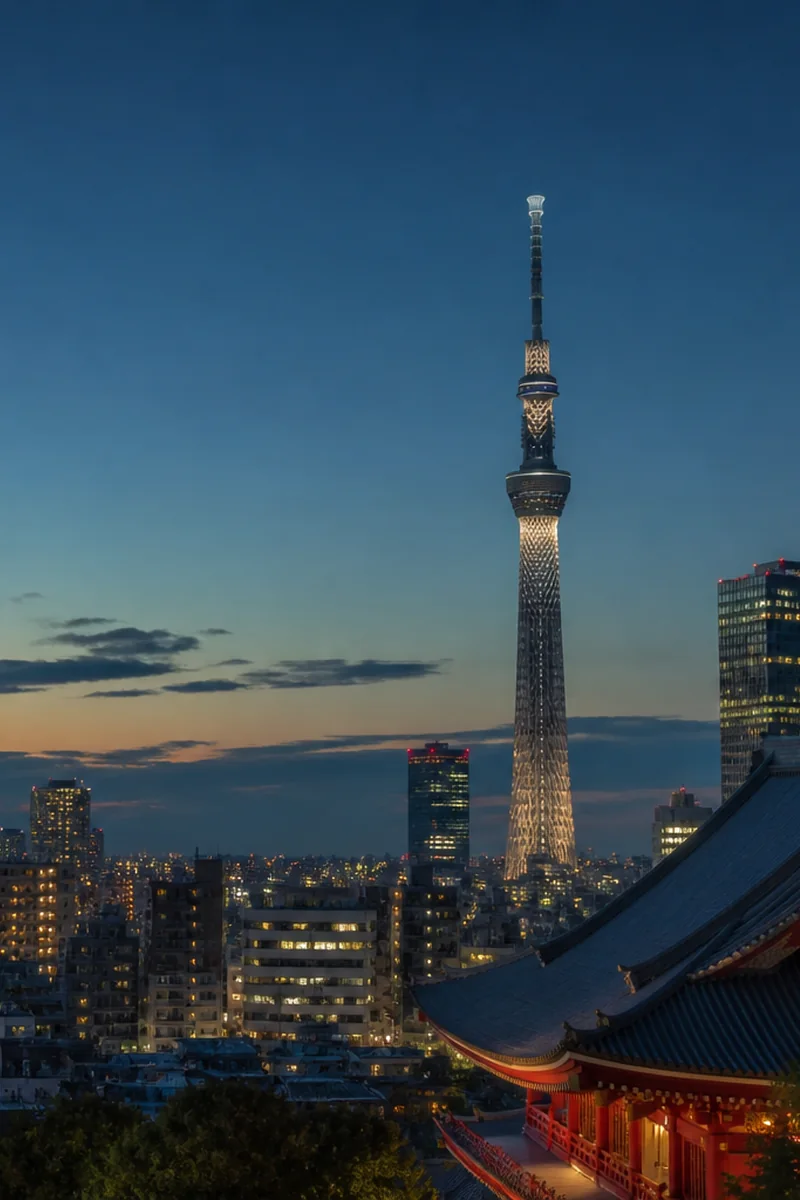 Tokyo skyline with modern towers and traditional city details at blue hour
