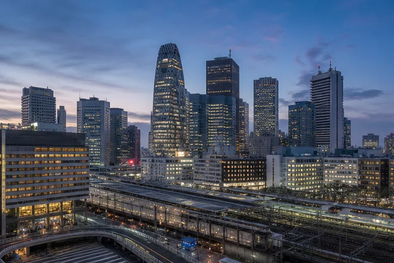 Shinjuku towers and lively streets at early evening