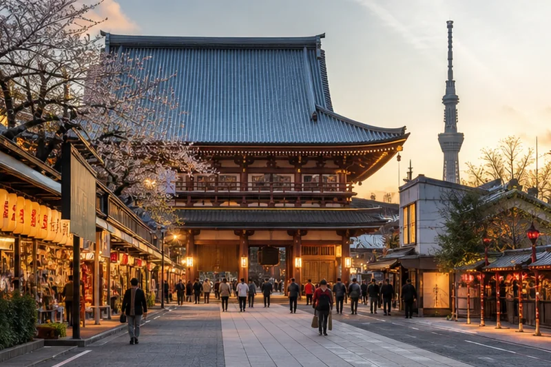 Traditional Asakusa street with Tokyo Skytree beyond