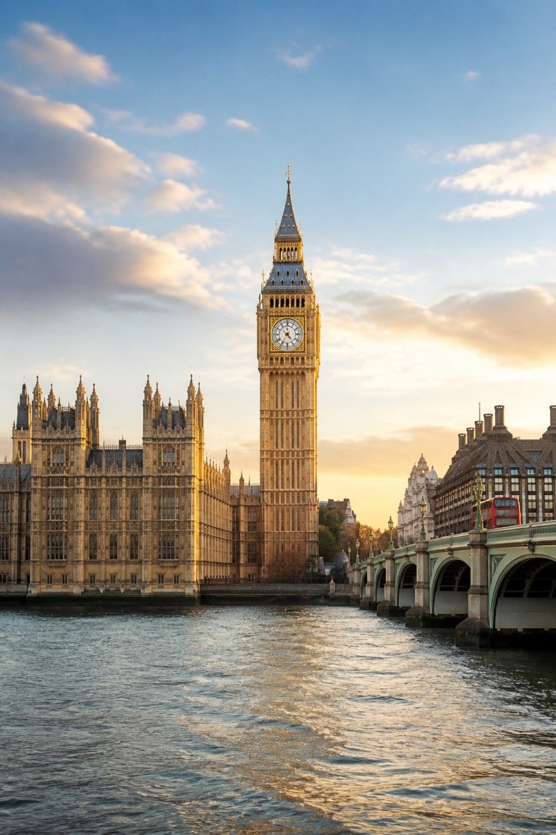 Big Ben and the Houses of Parliament beside the River Thames at golden hour