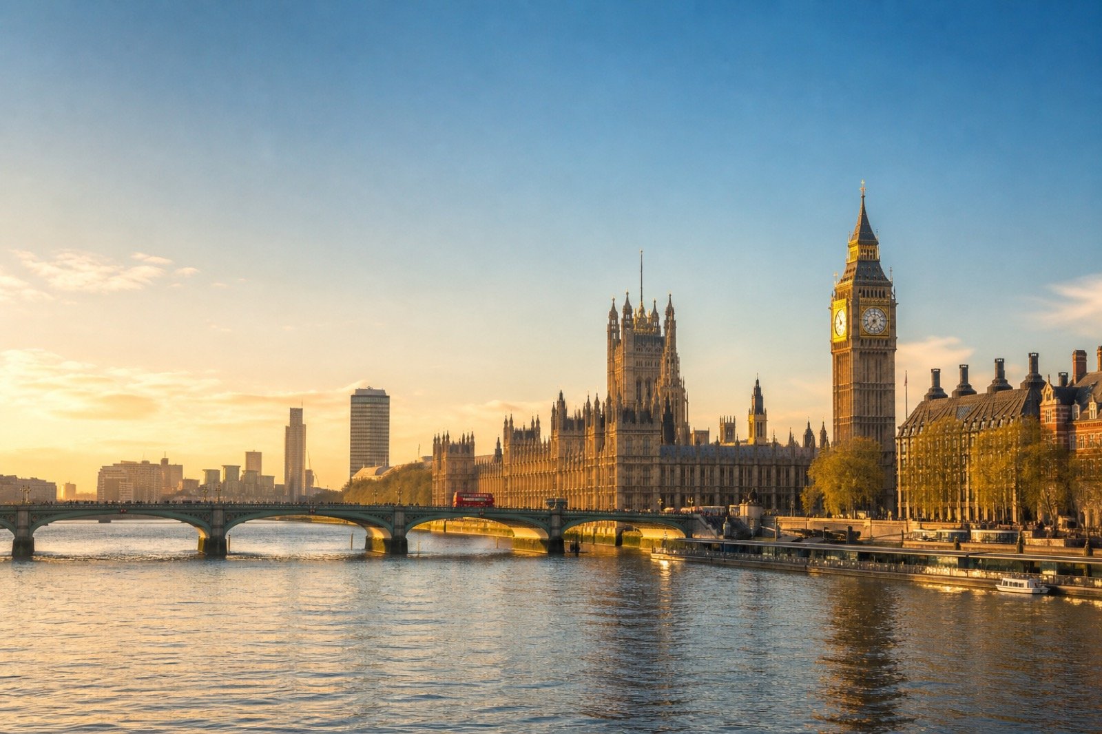 Big Ben and the Houses of Parliament beside the River Thames at golden hour