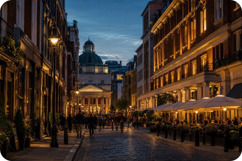Covent Garden and the West End illuminated in the early evening