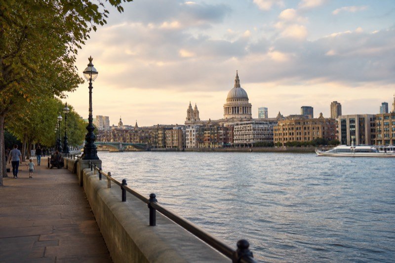The Thames riverside at South Bank with St Paul's Cathedral beyond