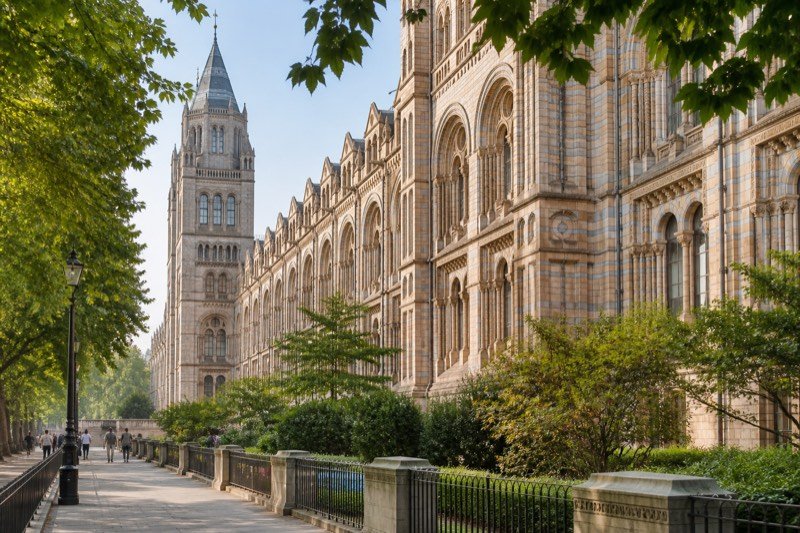 Museum architecture and a leafy walkway in South Kensington