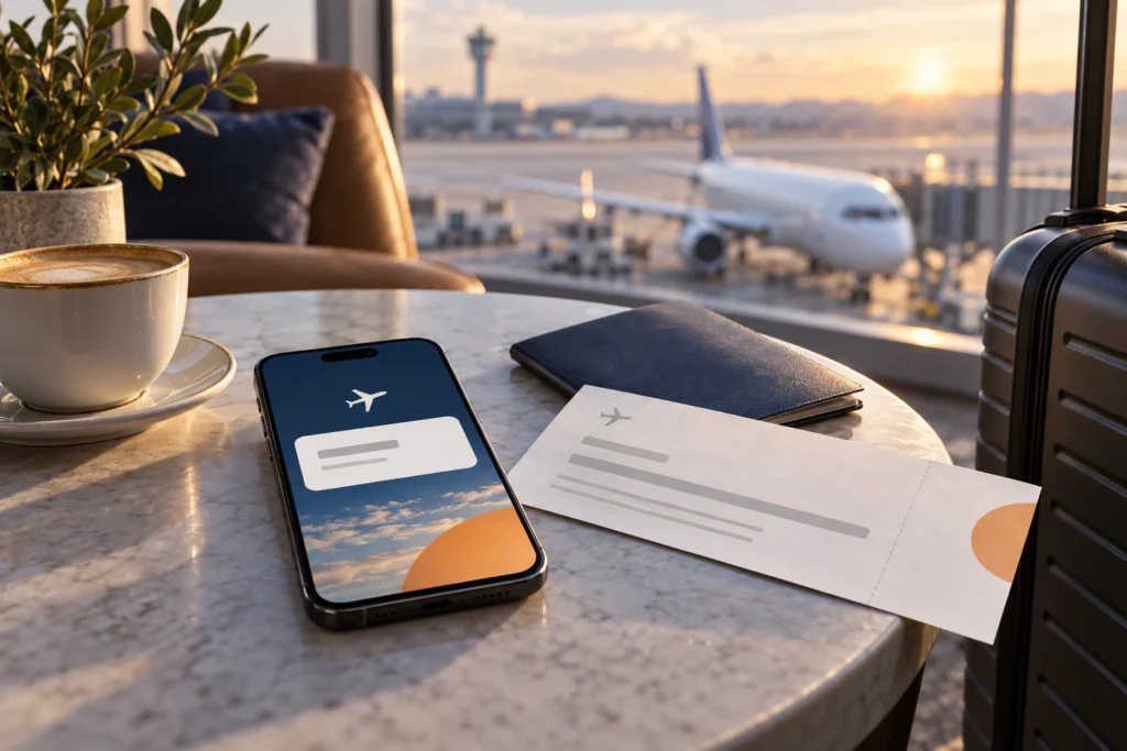 Illustration of a reservation on a phone beside a ticket receipt in an airport lounge.