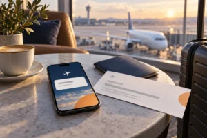 Illustration of a reservation on a phone beside a ticket receipt in an airport lounge.