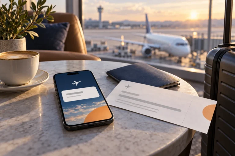 Illustration of a reservation on a phone beside a ticket receipt in an airport lounge.