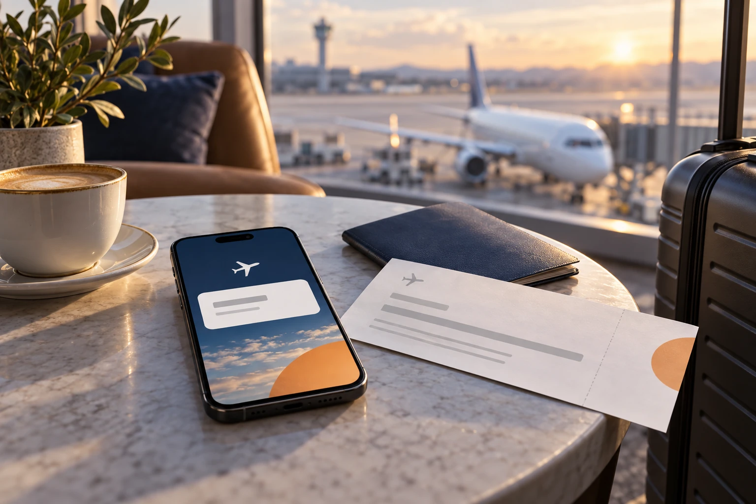 Illustration of a reservation on a phone beside a ticket receipt in an airport lounge.