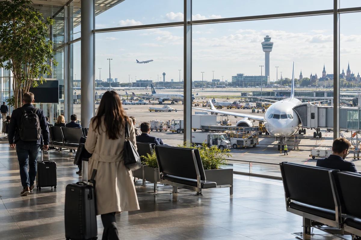 Travelers inside an Amsterdam airport terminal overlooking aircraft and runway activity