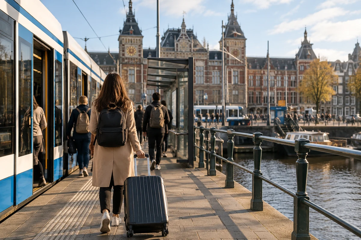 Traveler with suitcase beside a tram stop near Amsterdam city center