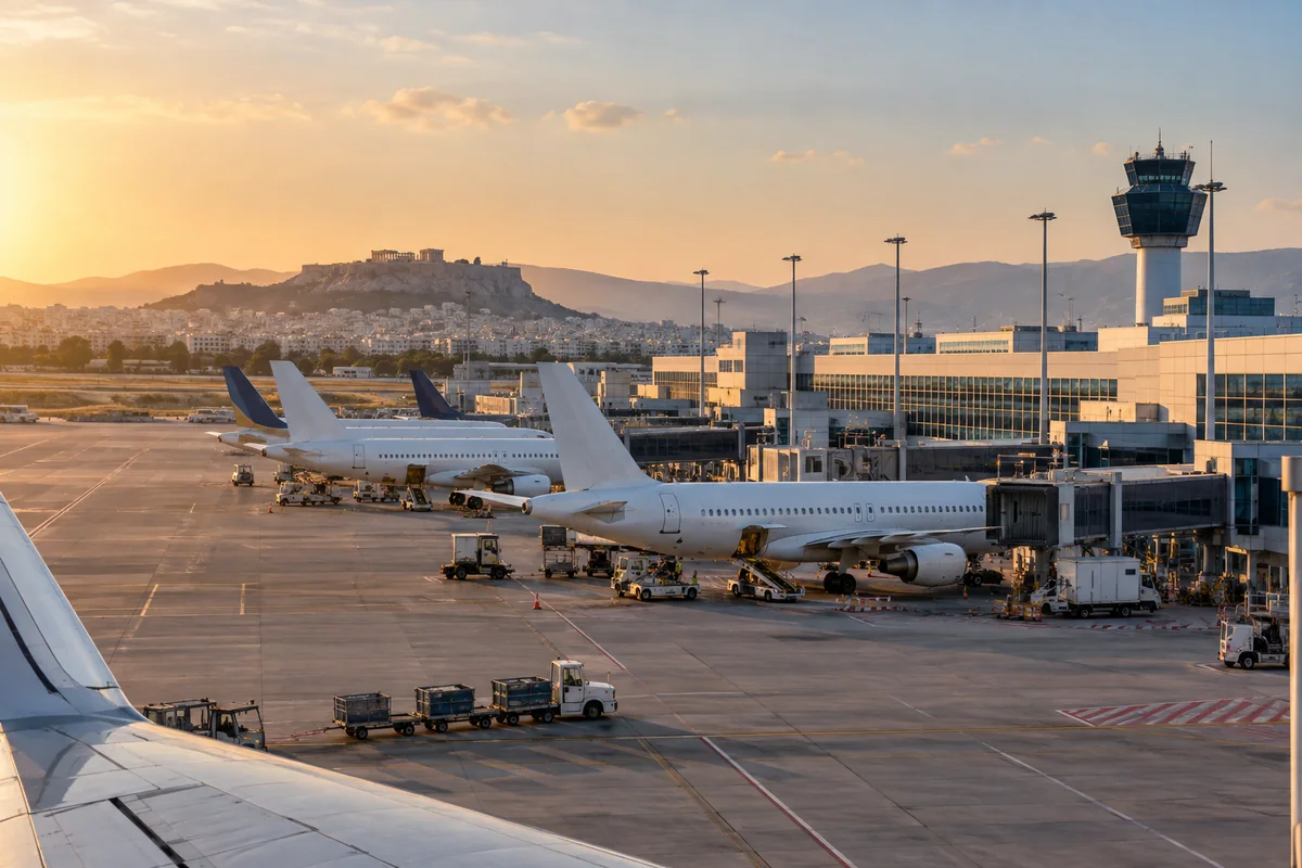 Athens airport apron scene with aircraft and city backdrop