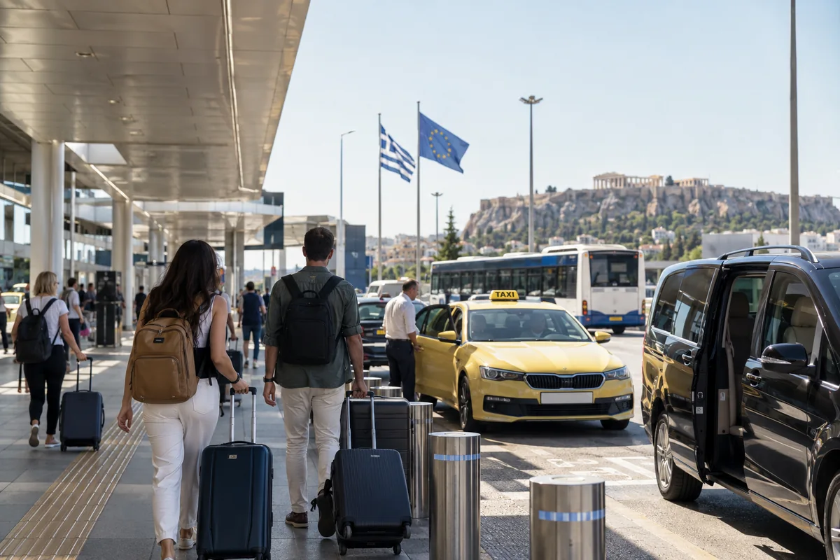 Travelers arriving in Athens with taxi, shuttle and airport transfer context