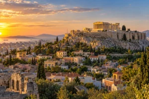 Athens cityscape at golden hour with the Acropolis