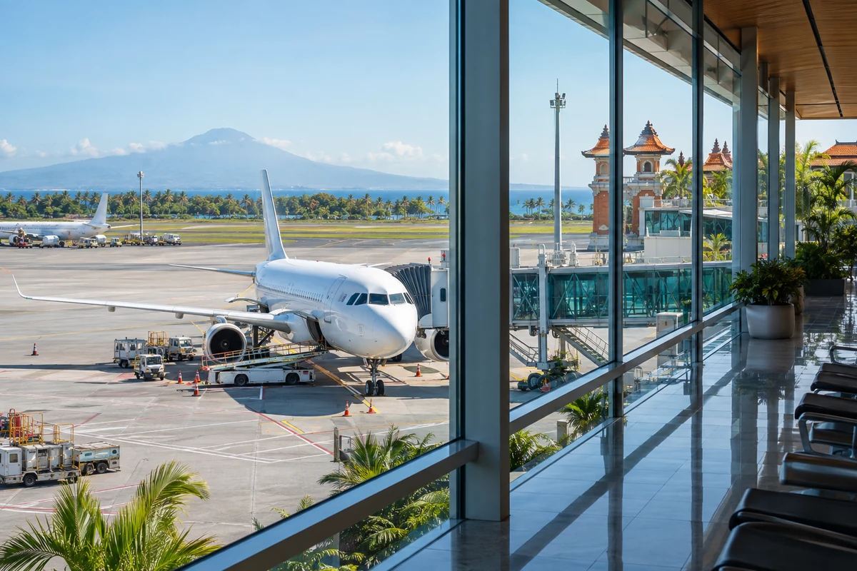 Aircraft at a Bali airport gate with tropical scenery visible beyond the terminal