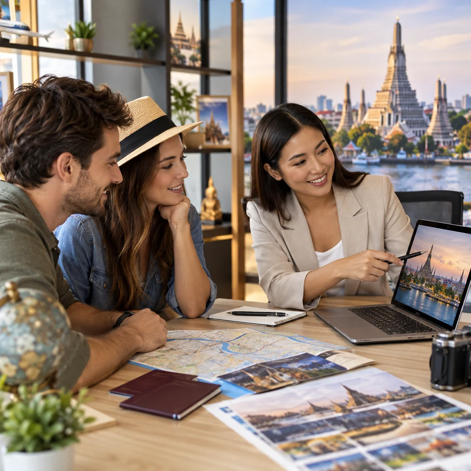 Travel advisor helping a couple plan flights and a trip to Bangkok