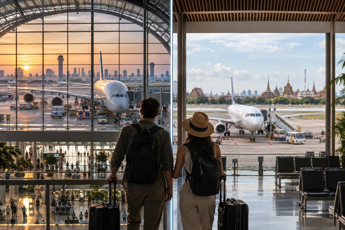 Travelers with luggage comparing two Bangkok airport terminal environments