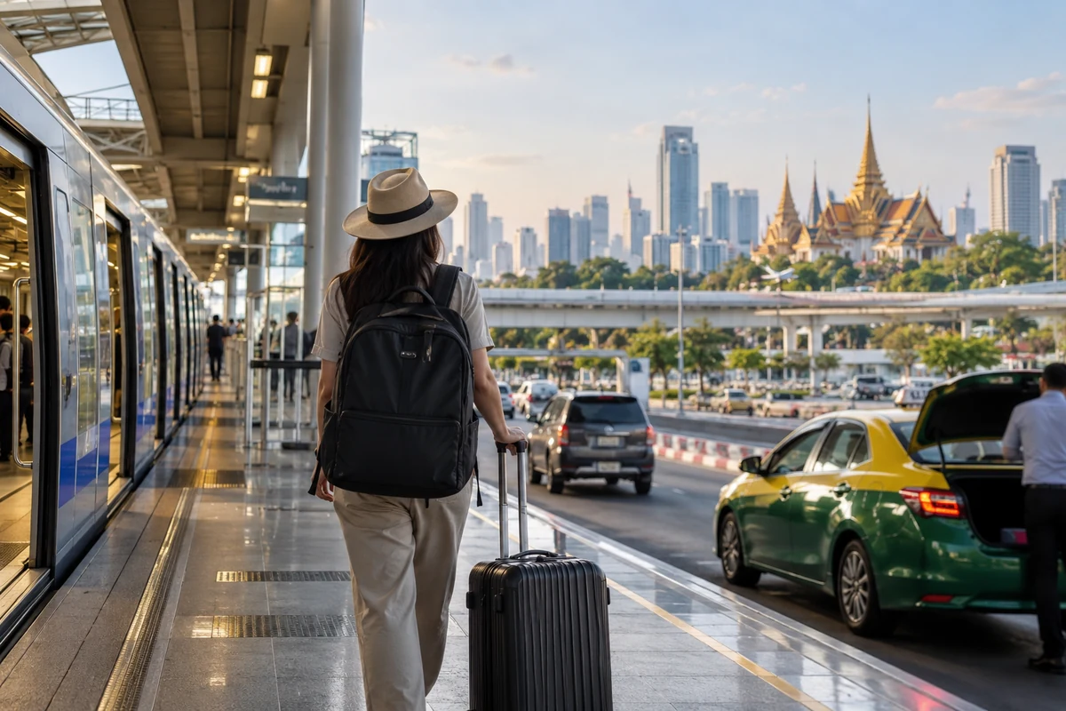 Traveler with luggage beside rail and taxi transfer options in Bangkok