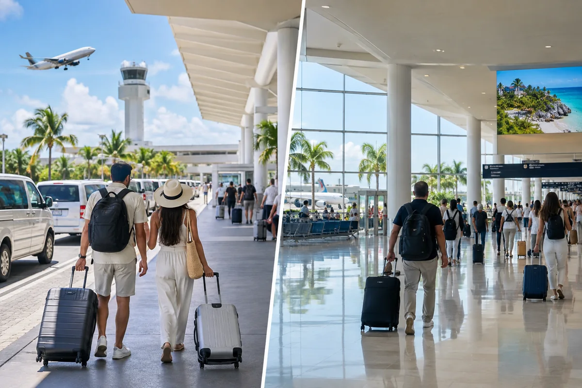 Airport travel scene representing arrivals for flights to Cancun