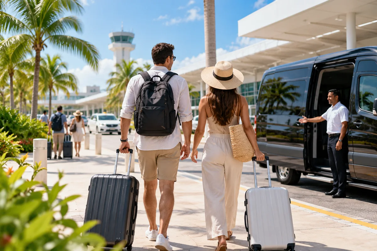Travelers arriving in Cancun with shuttle transfer and resort transport context