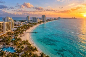 Cancun coastline and resort area at sunset with turquoise waterfront views