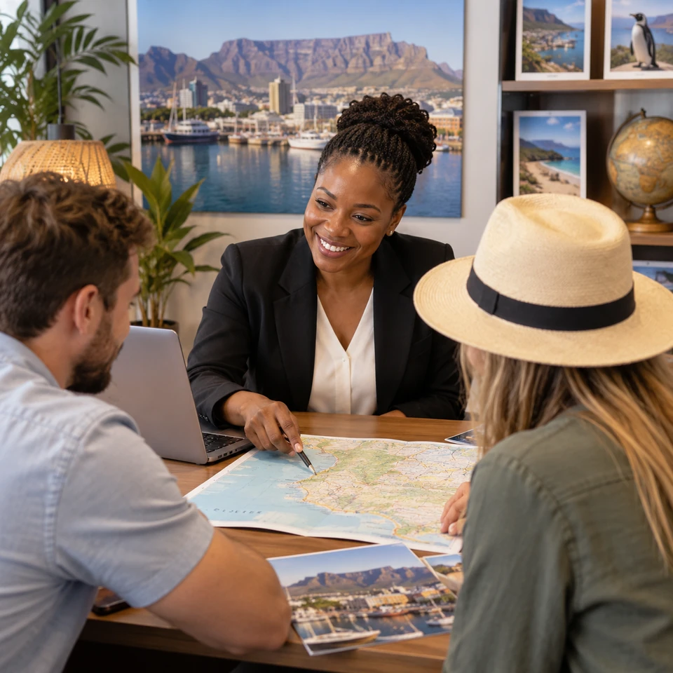 Travel advisor helping travelers plan flights and a trip to Cape Town