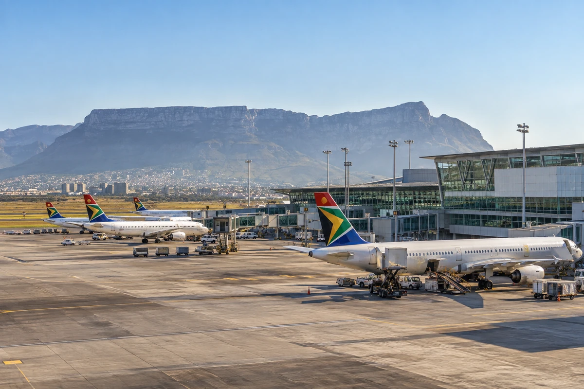 Cape Town airport scene with aircraft on the apron and Table Mountain beyond