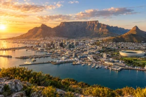 Cape Town harbour and city skyline at golden hour beneath Table Mountain