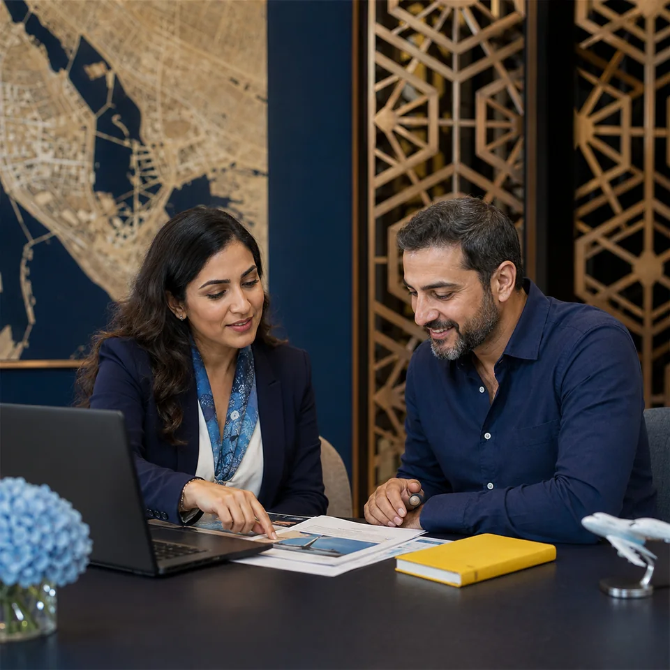 Travel advisor and client reviewing a Dubai flight itinerary together on a laptop