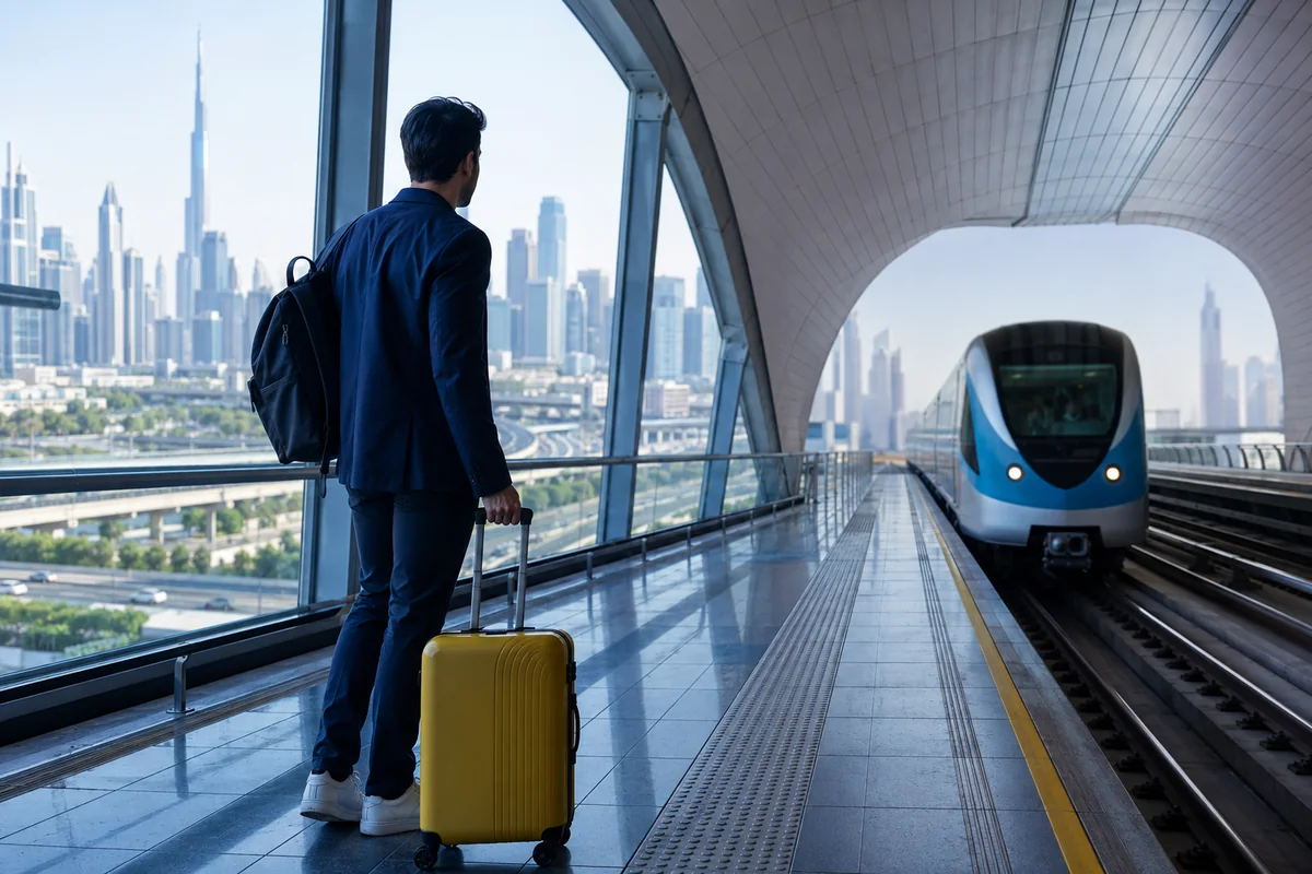 Traveller with a suitcase preparing to use Dubai Metro after an airport arrival