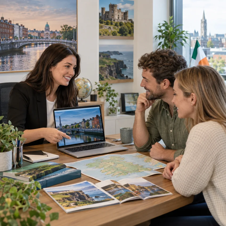 Travel advisor helping travelers plan flights and a trip to Dublin
