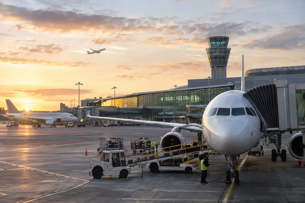 Airport departure and apron scene representing flights to Dublin
